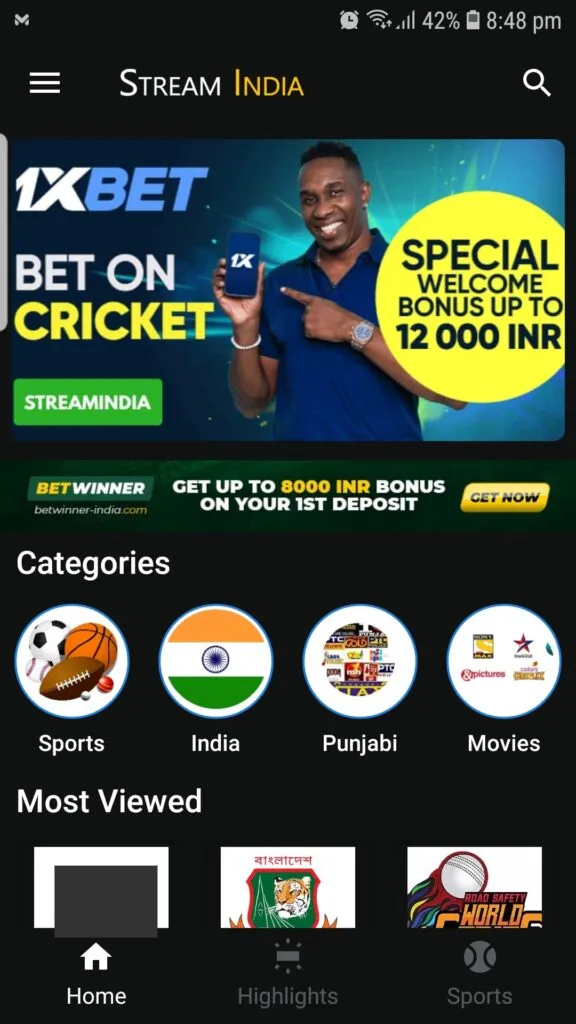 Stream India Home Screen